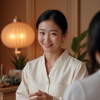 한의학 박사 배경의 창립자가 따뜻한 미소로 스파 공간에서 고객과 대화하는 모습