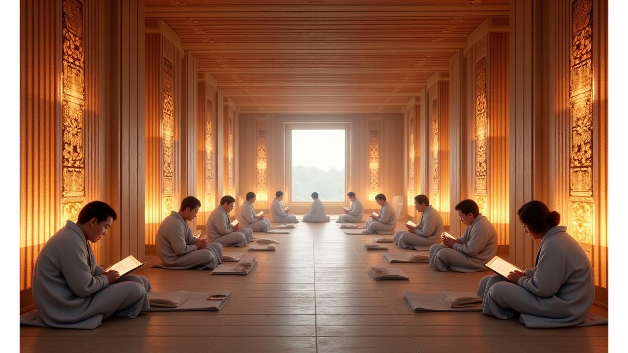 편안하게 쉬고 있는 사람들이 보이는 전통 한국 찜질방 내부