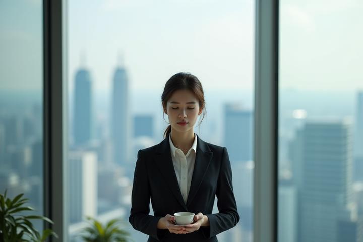 편안한 오피스 공간에서 명상 중인 직장 여성