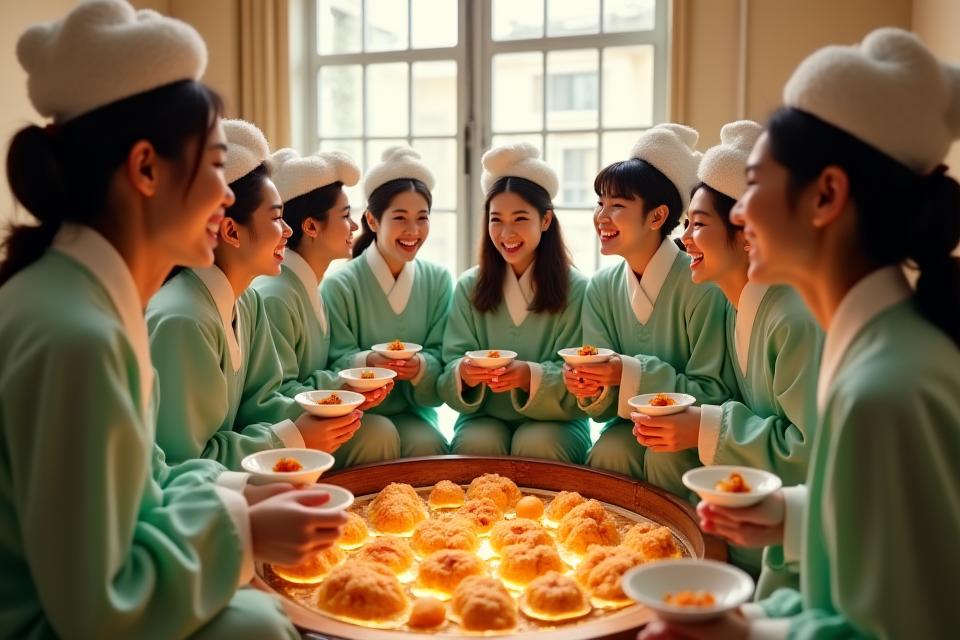 찜질복을 입은 다양한 국적의 사람들이 함께 웃으며 찜질방 문화를 즐기는 모습