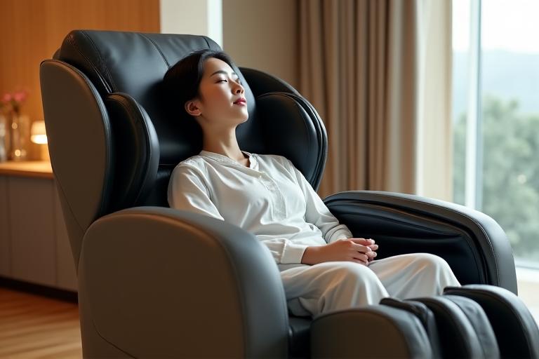 제로 그래비티 마사지 체어에 앉아 편안하게 휴식하는 사람
